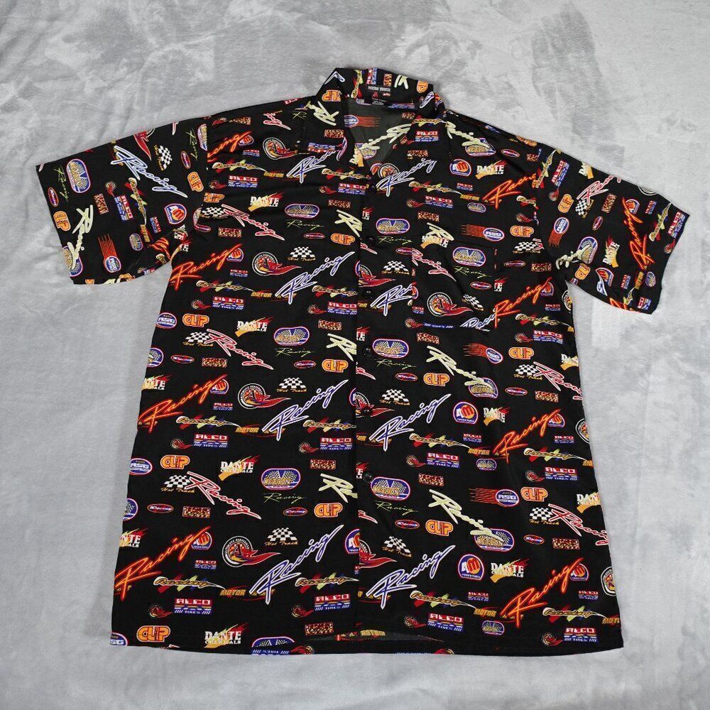 Vintage Track Racing All Over Print Button Shirt Mens Large Black 90s
